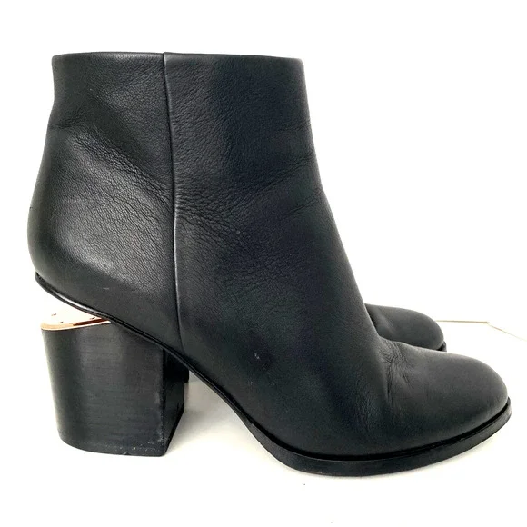 Alexander Wang Gabi Leather Ankle Boot Black Cutout Block Heel Rose Gold 41 11